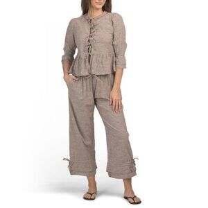 SAATVIK Taupe 2pc Tie Front Top And Drawstring Pants Lounge Set